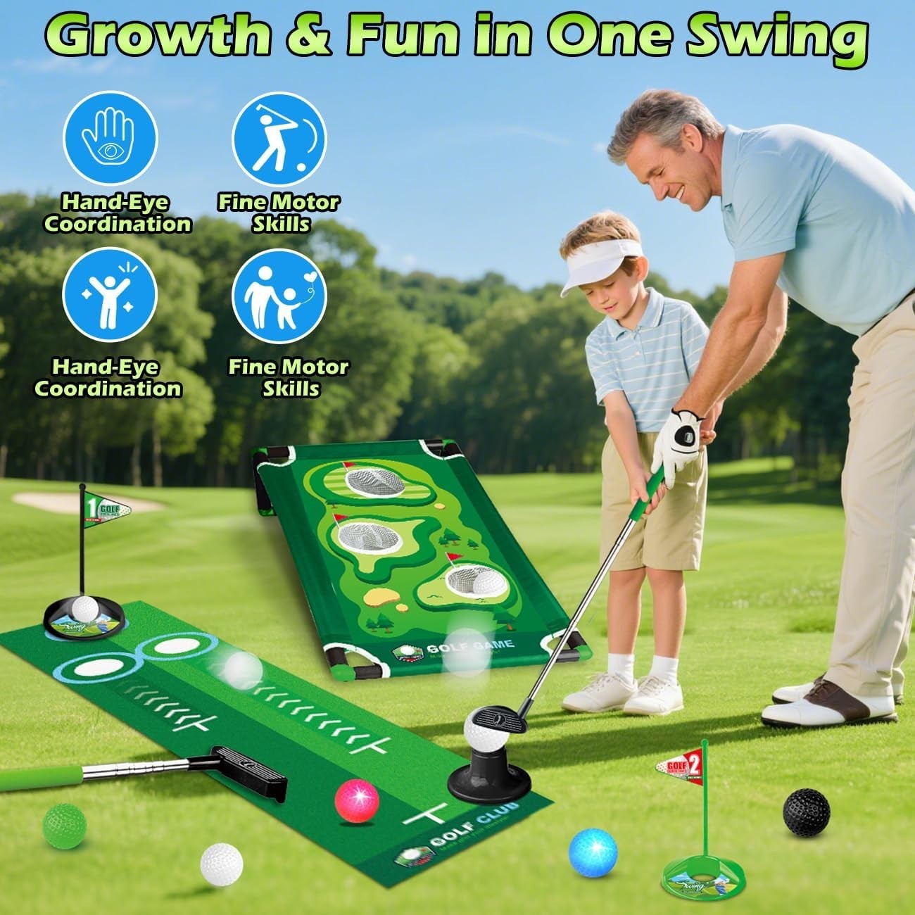 Kids Golf Set Dinosaur Putting Mat Auto Ball Return Indoor Outdoor Toy