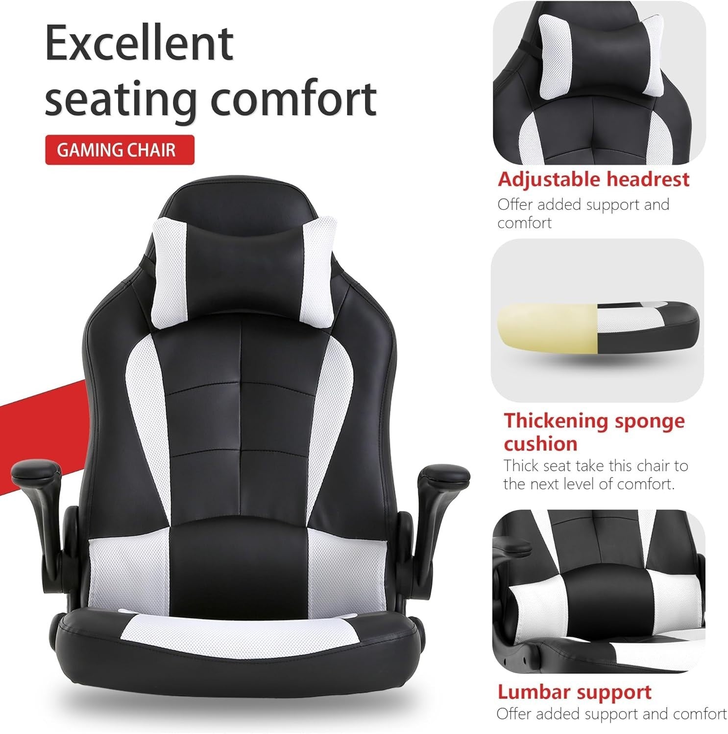 White Ergonomic Gaming Chair Swivel Faux Leather Lumbar Support Office Desk Seat