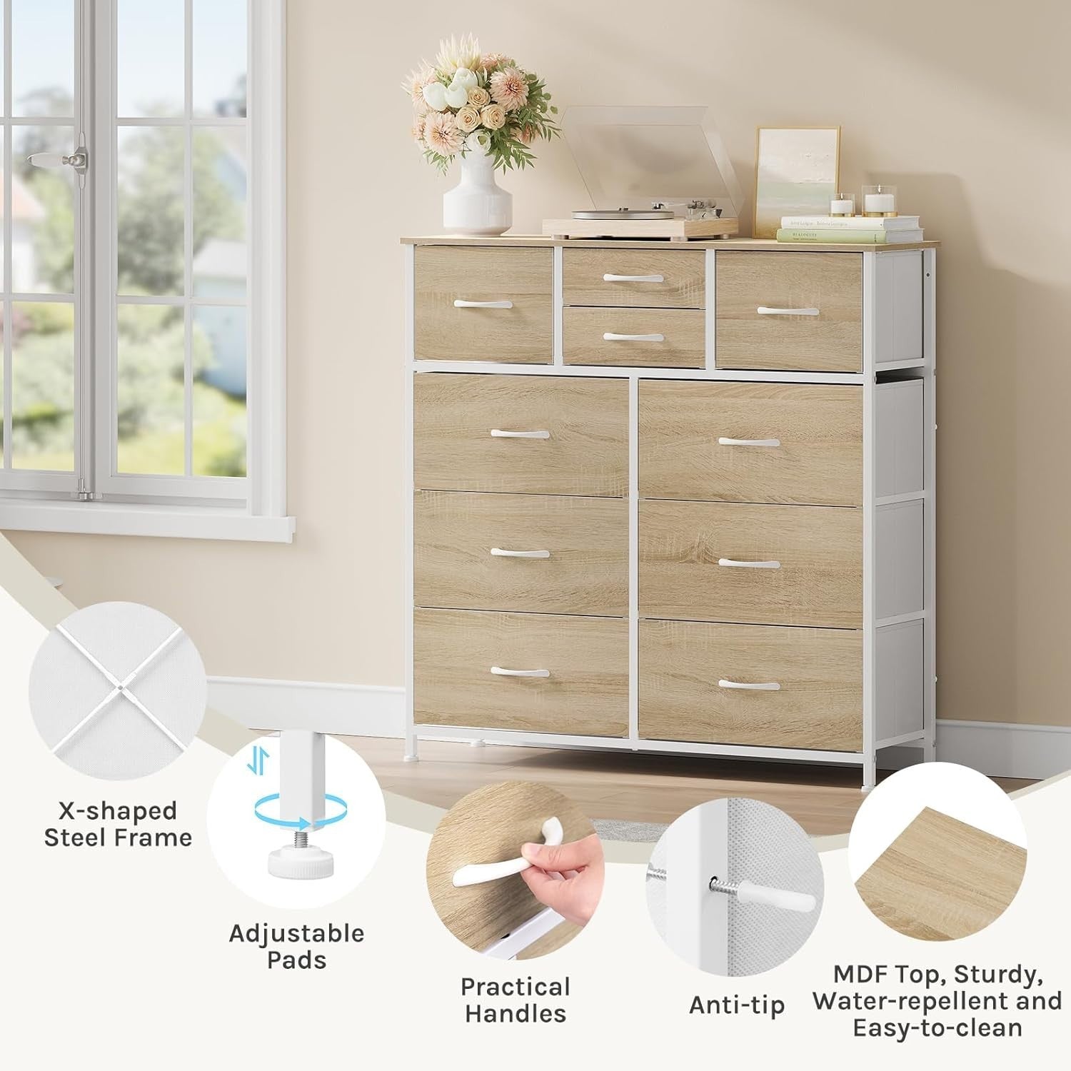 Tall Chest of Drawers 10 Fabric Storage Unit Light Oak White Metal Frame