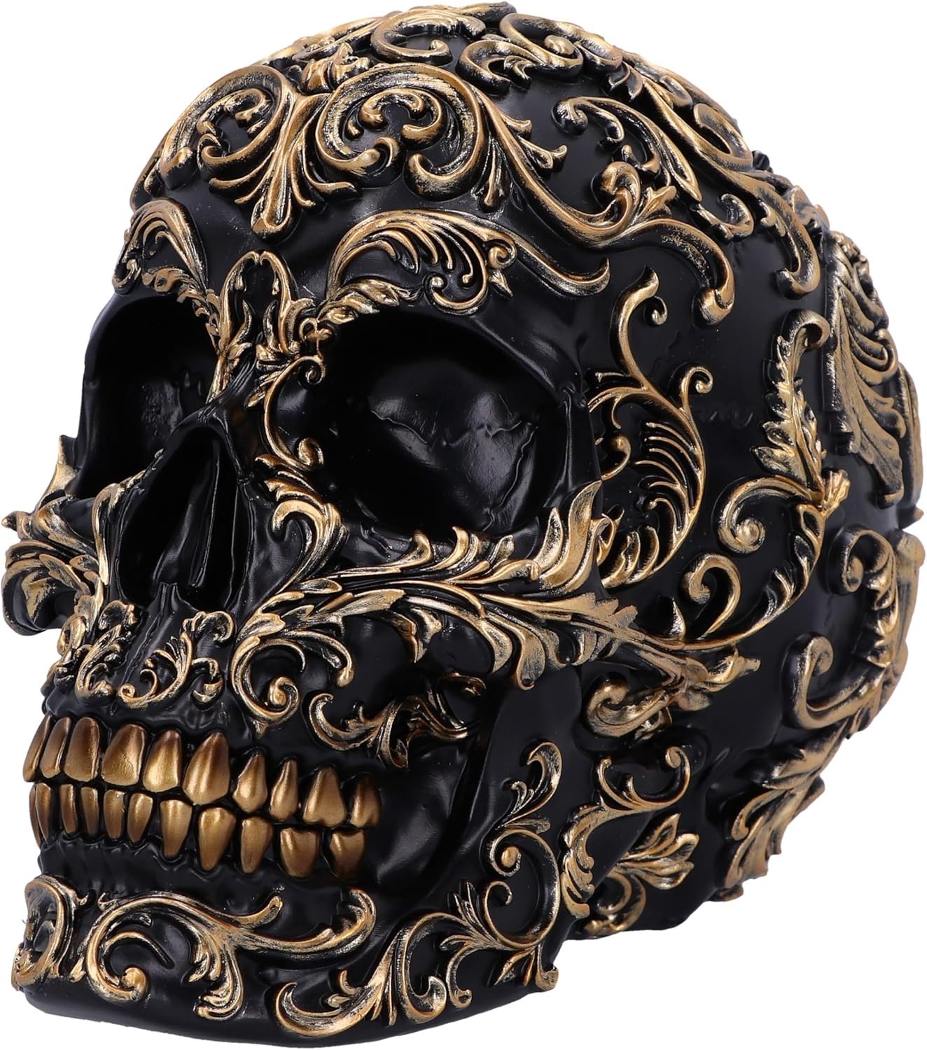 Baroque Skull Ornament 19cm Black Gold Resin Gothic Decor Ornate Display Piece