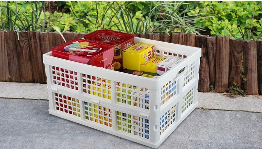 Set of 3 30L Folding Plastic Storage Crates Stackable 44x33x23cm White