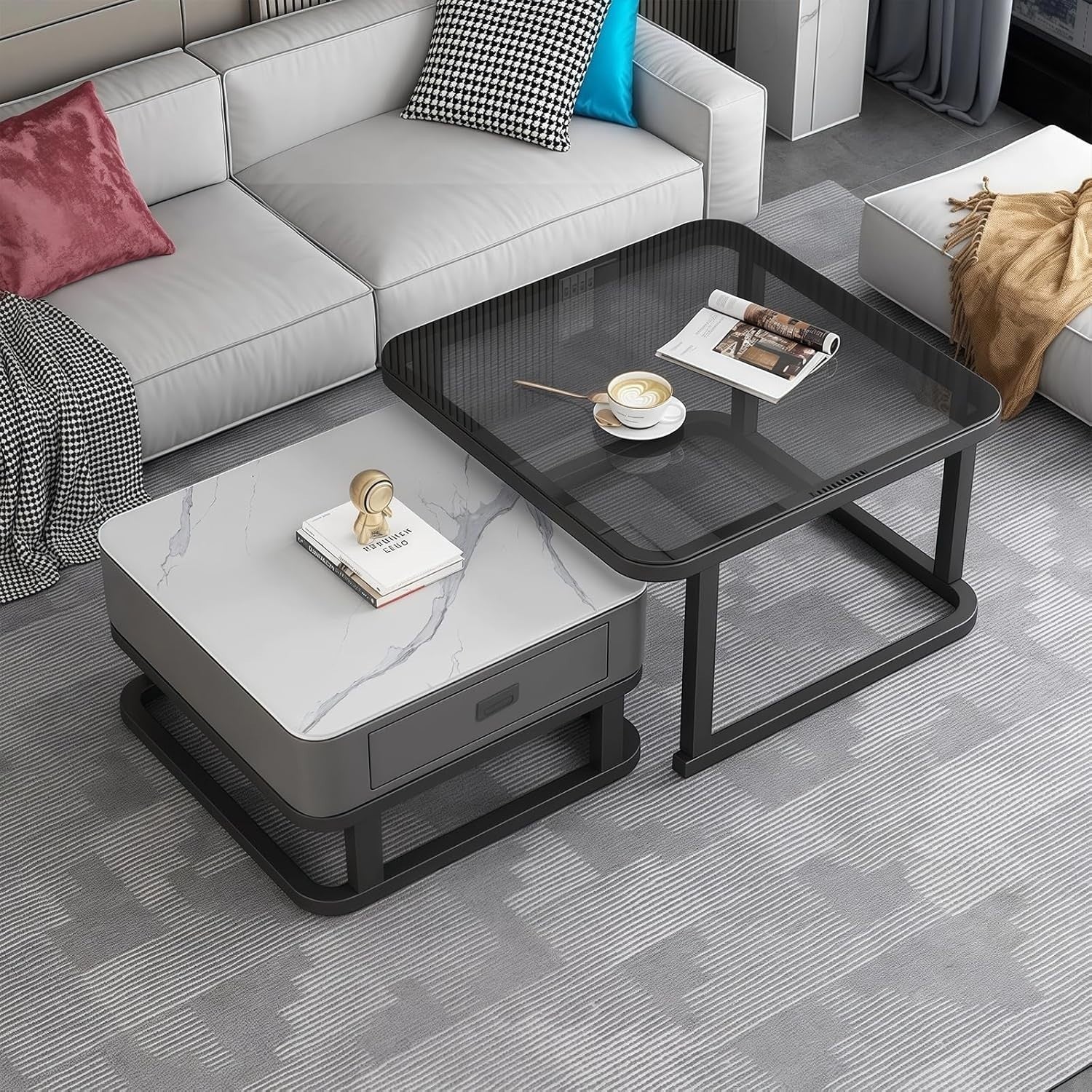 2-in-1 Nesting Coffee Table Set w/ Storage Drawer, Square Marble & Glass Top
