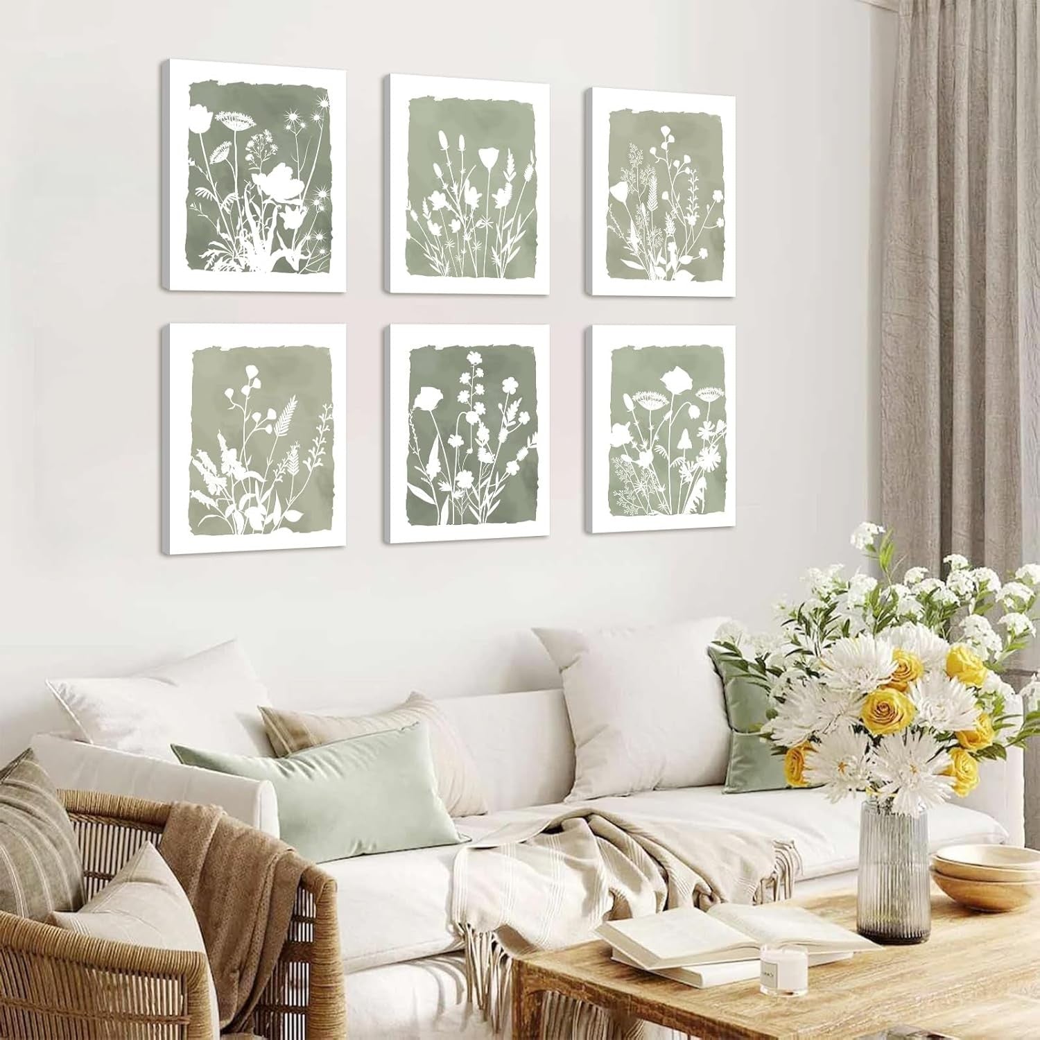 Boho Wildflower Canvas Wall Art Set 6 Framed 20x25cm