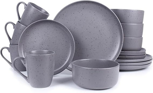 16 Piece Stoneware Dinner Set Plates Bowls Mugs for 4 Grey Crockery Set