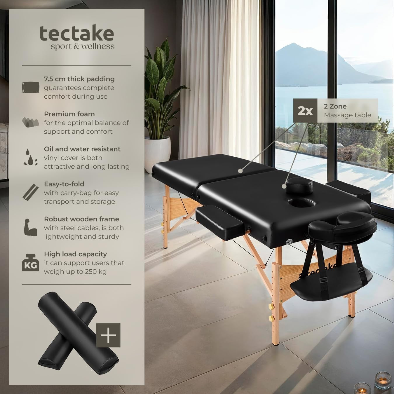 Portable Massage Table Foldable Beech Frame 7.5cm Padded Beauty Bed Black