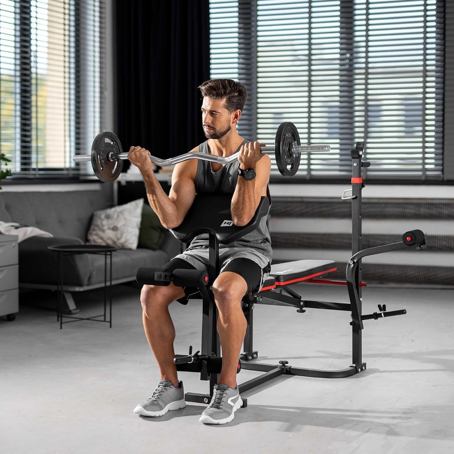 Foldable Multi-Function Weight Bench With Barbell Rack Curl & Leg Trainer