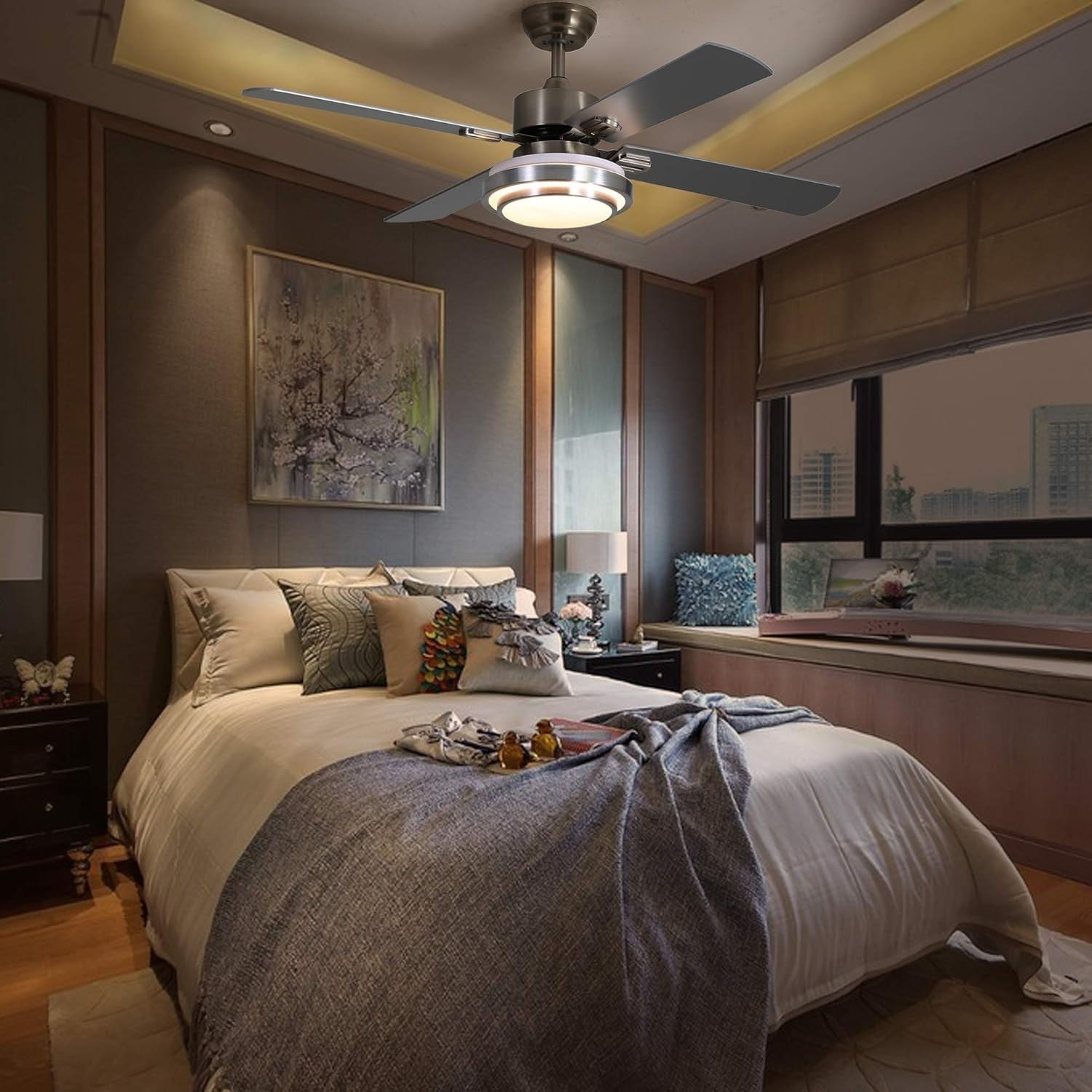52" Ceiling Fan with LED Light, Brushed Nickel, Remote Control【A+】