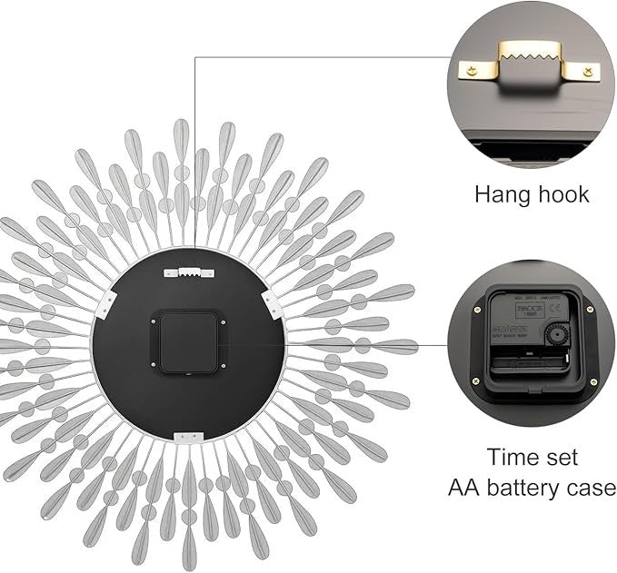 60cm Silver Sunflower Wall Clock Silent Modern Large Metal Diamond Beaded Decor