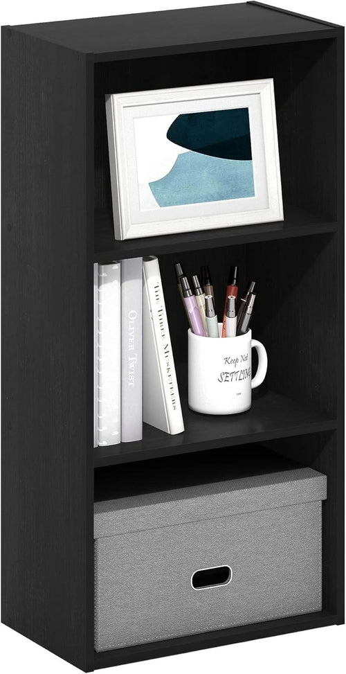 3Tier Black Wooden Bookcase Small Storage Shelf Compact Organizer Open Bookshelf