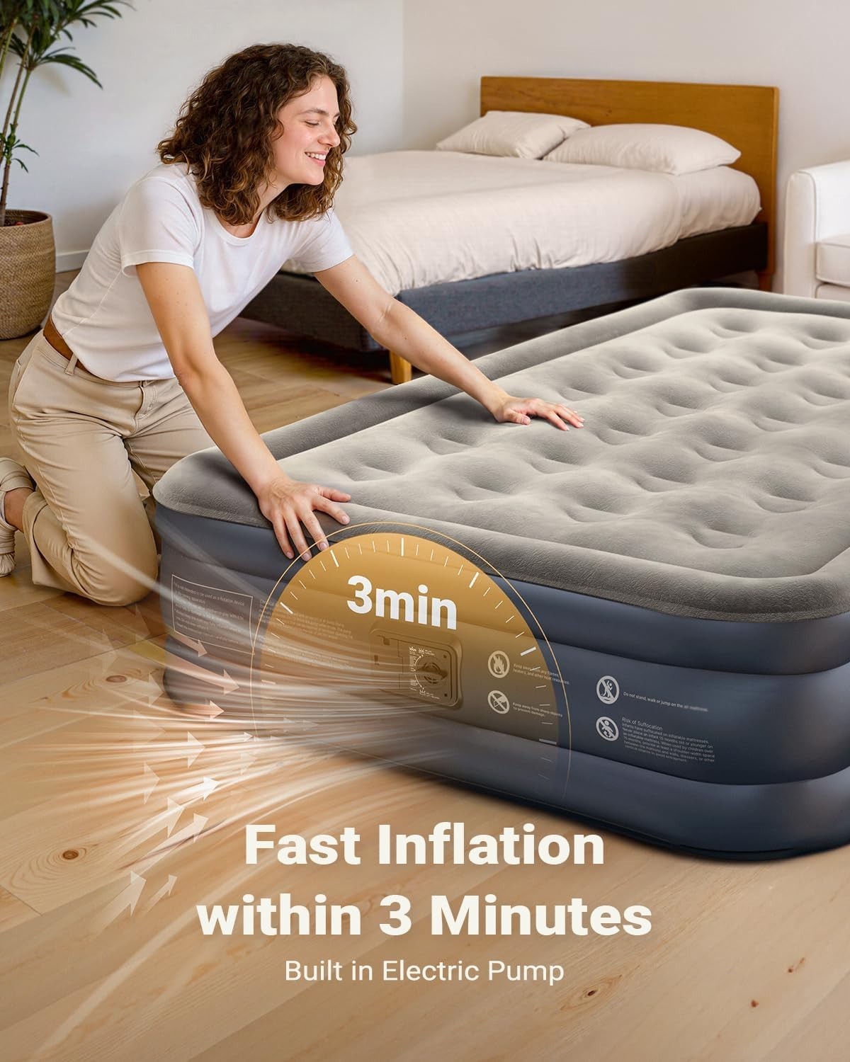 Double Air Mattress with Built-In Pump Quick Inflate Flocked Surface 295kg Max