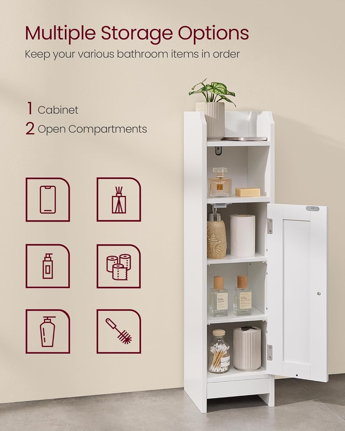 Slim White Bathroom Storage Cabinet with Door, Adjustable Shelf & Narrow Design