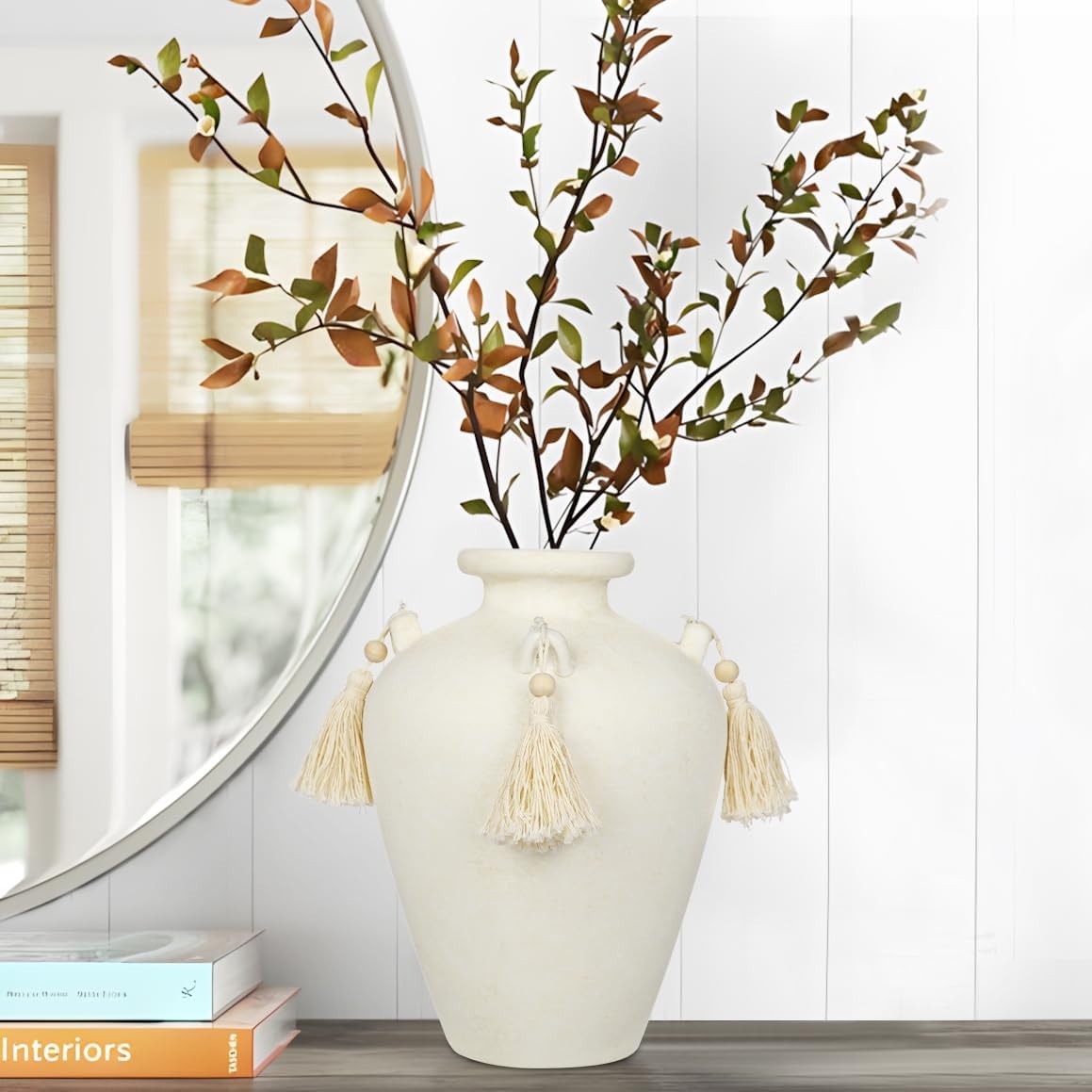 Beige Ceramic Vase with Tassels Boho Pampas Grass Rustic Home Decor 24cm