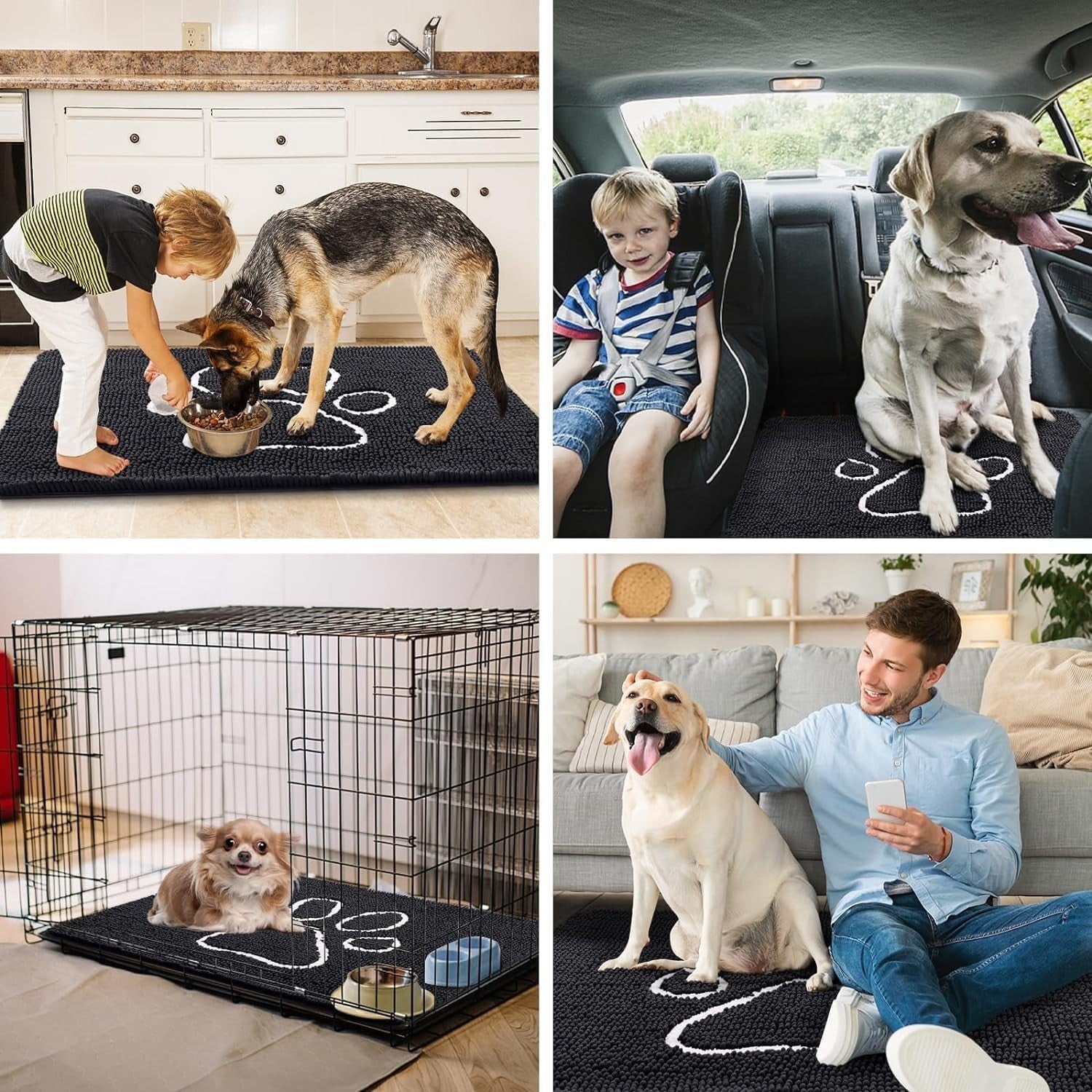 Dog Door Mat Super Absorbent Non Slip Chenille Black Entrance Rug 76x121cm