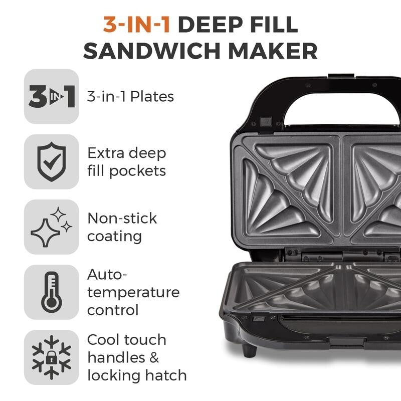 Tower 3-in-1 Deep Fill Sandwich Waffle Grill Maker | 900W Non-Stick Plates