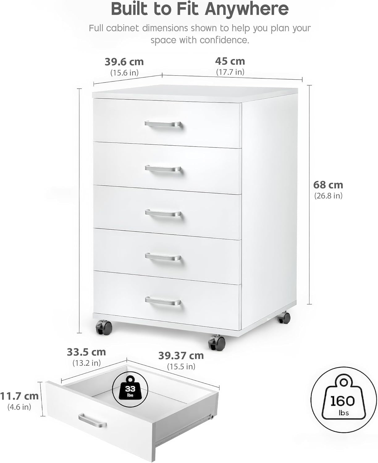 White Mobile Filing Cabinet 5 Drawer 75cm Rolling Office Storage