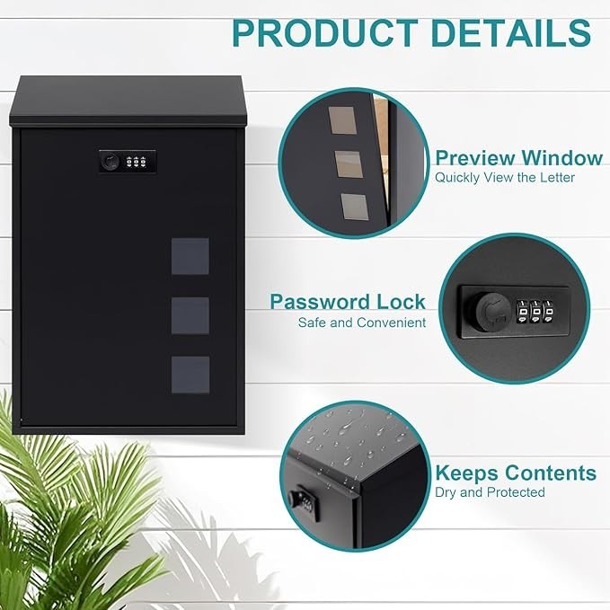 Wall Mounted Steel Mailbox Black Combination Lock Weatherproof 40x25x10cm