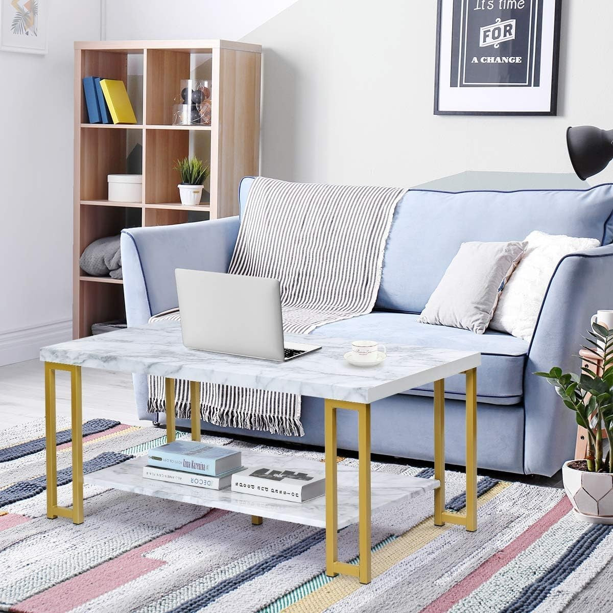 Marble Effect 2-Tier Coffee Table with Shelf, Gold Frame, Small Space Living Roo