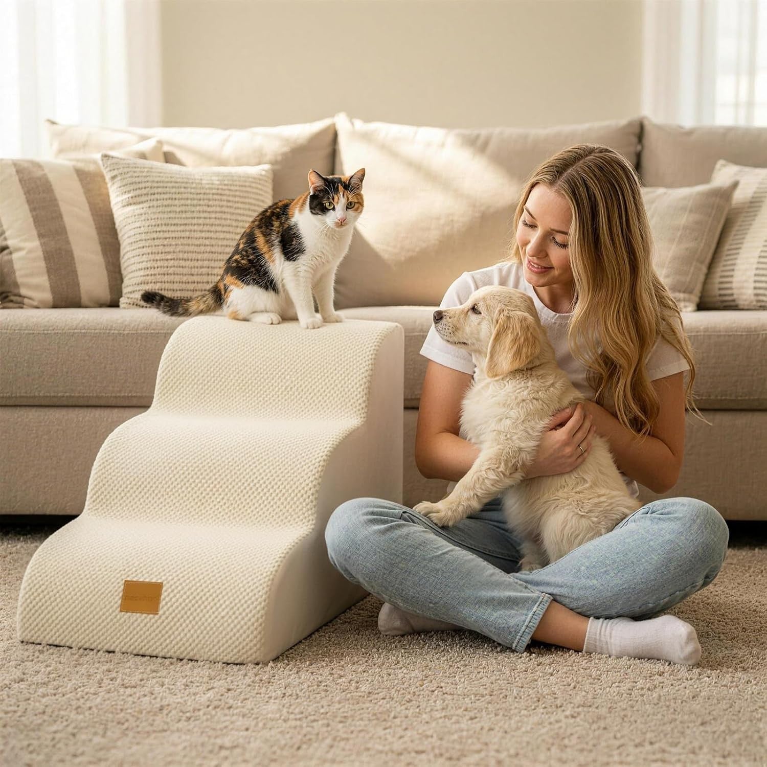 Dog Steps for Bed 3-Step Non-Slip Pet Stairs Ladder Foam Ramp with Plush Cover