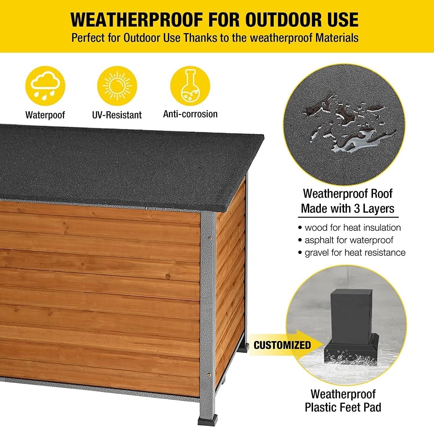 Insulated Wooden Dog House with Iron Frame Weatherproof Elevated Kennel