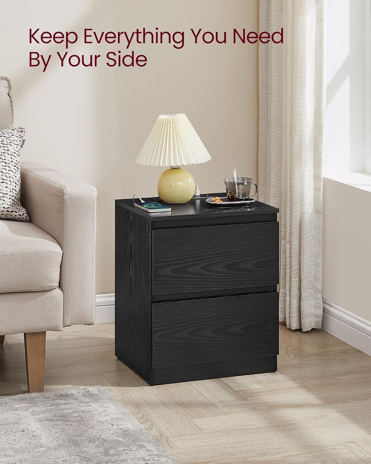 Black Bedside Tables Set of 2 with Charging Ports, 3 Drawers, Modern Storage