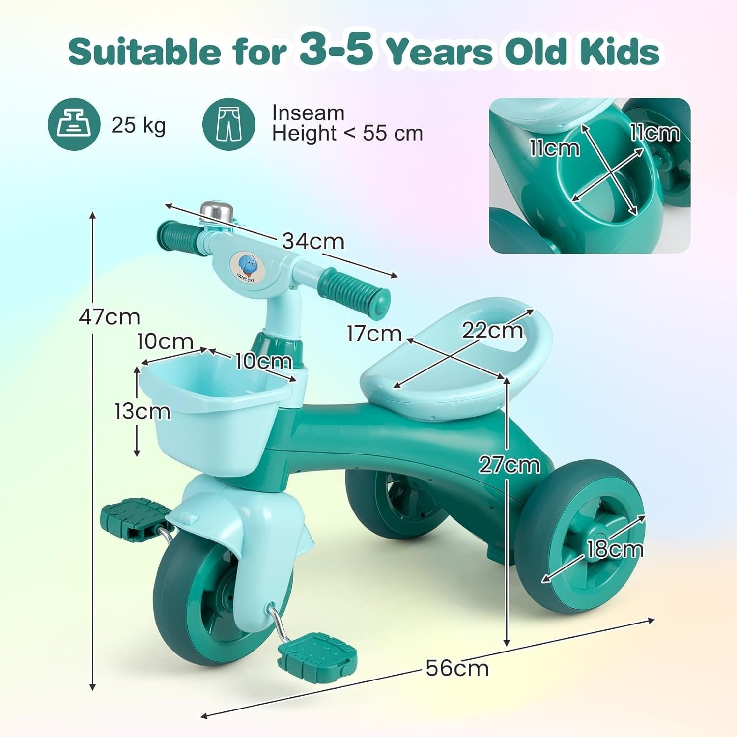 Kids Tricycle 3 Wheel Toddler Trike Front Rear Storage Basket Age 3-5
