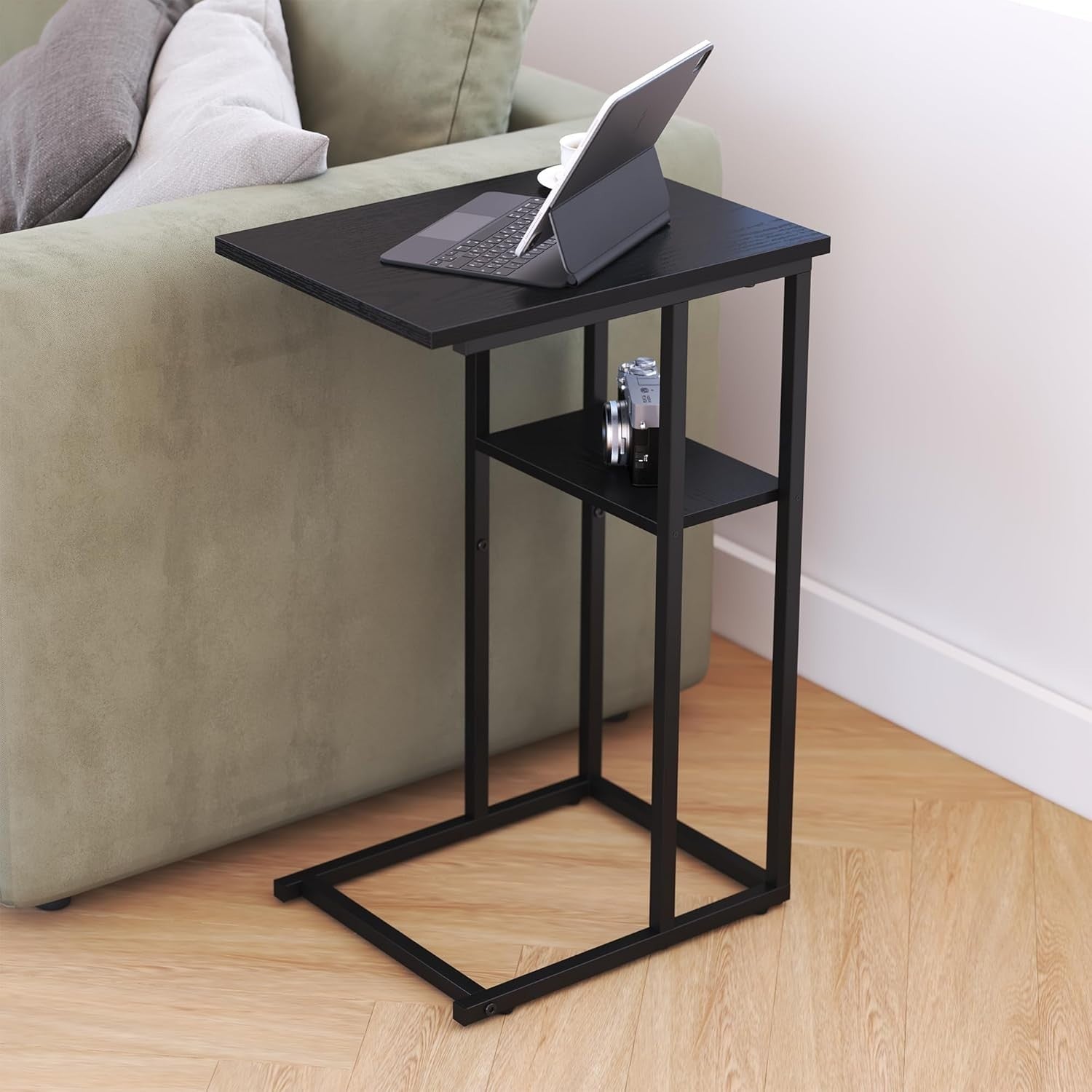 C-Shaped Narrow Side Table with Storage, Slide-Under Sofa Couch Bed
