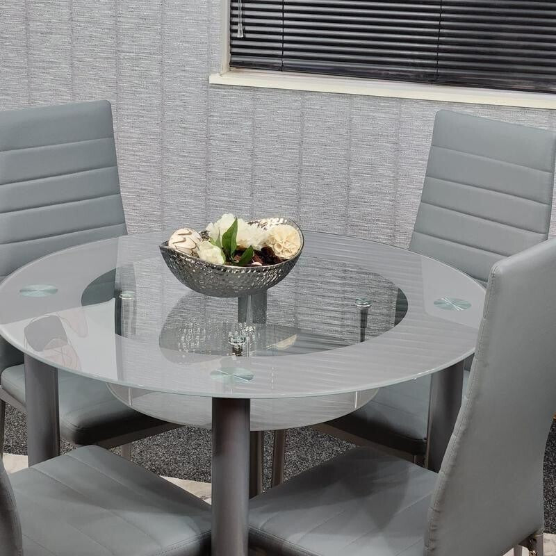 Round Grey Glass Dining Table Set with 4 Faux Leather Chairs Modern