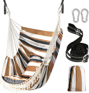 Brown Striped Hammock Chair with 2 Cushions & Straps | 500lbs Indoor Outdoor