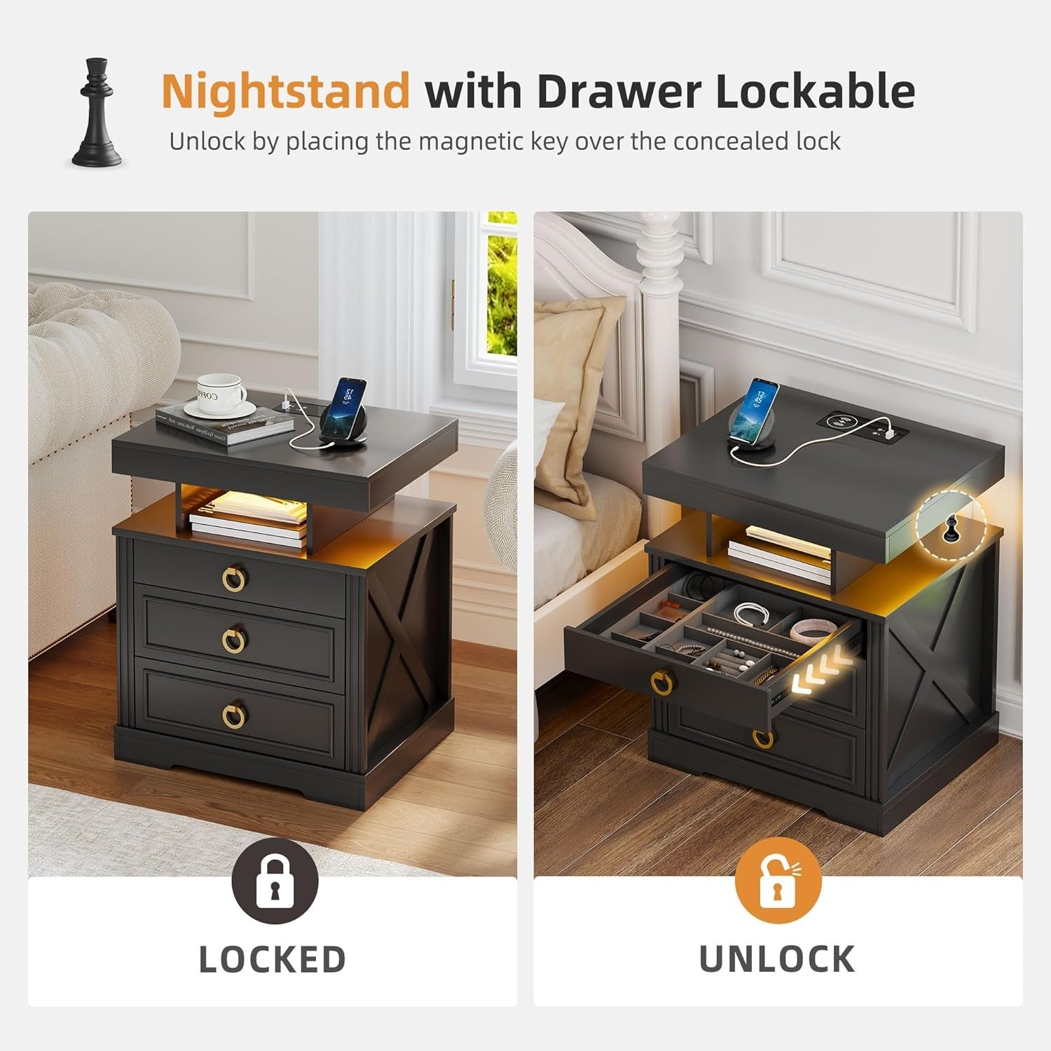 LED Bedside Tables Set of 2 with Hidden Drawer, Wireless Charging & Storage