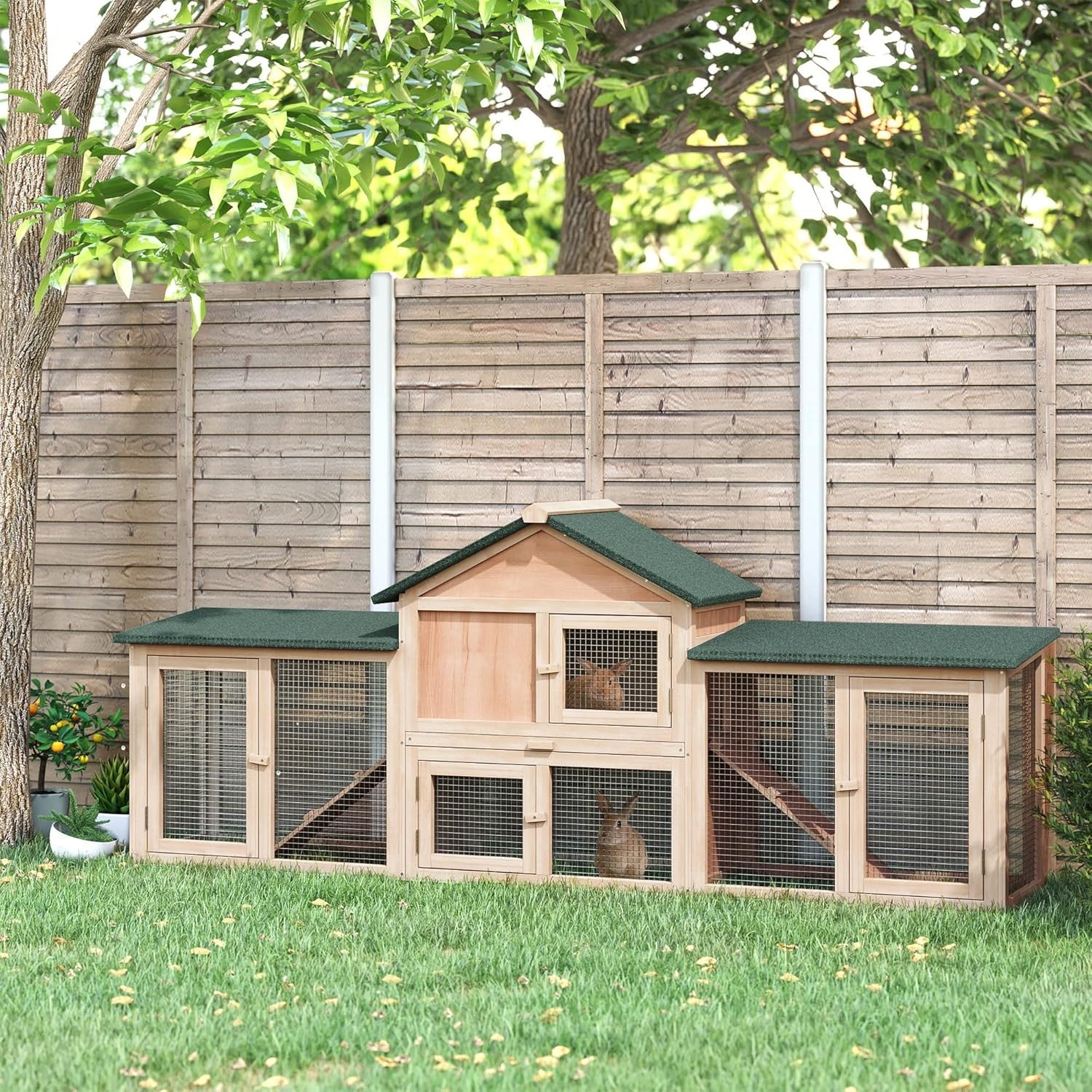 Large Outdoor Rabbit Hutch with Run Two Storey Wooden Cage Easy Clean