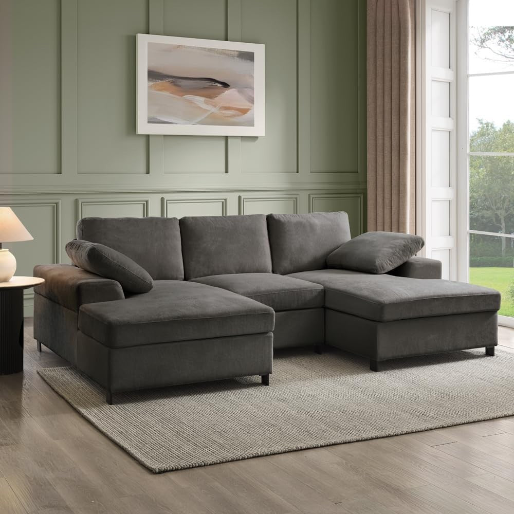 Grey Fabric U-Shaped 5 Seater Sofa with Chaise & Storage Footstool Option