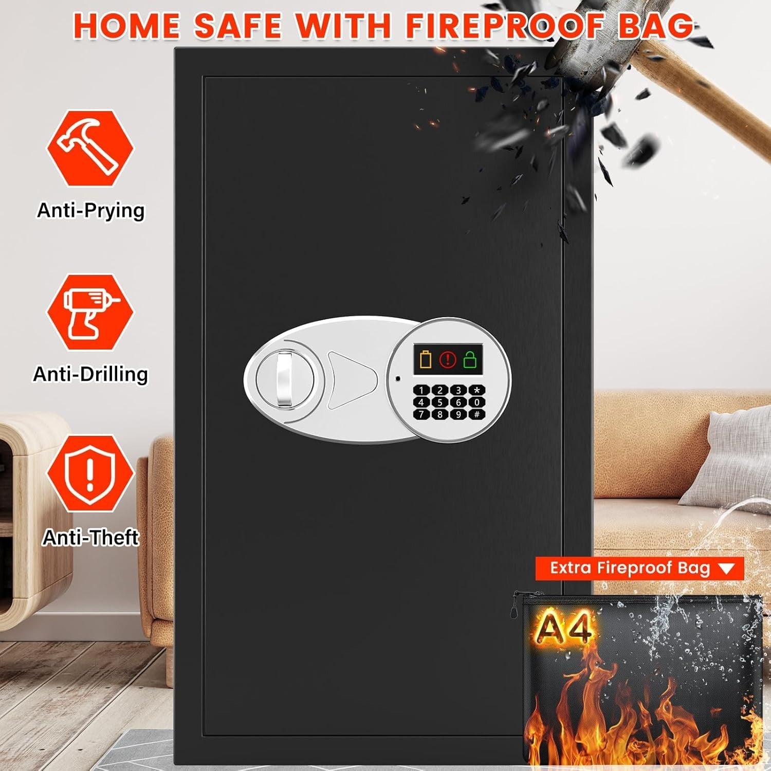 85L Fireproof Home Safe Box Digital Keypad Cash Document Security
