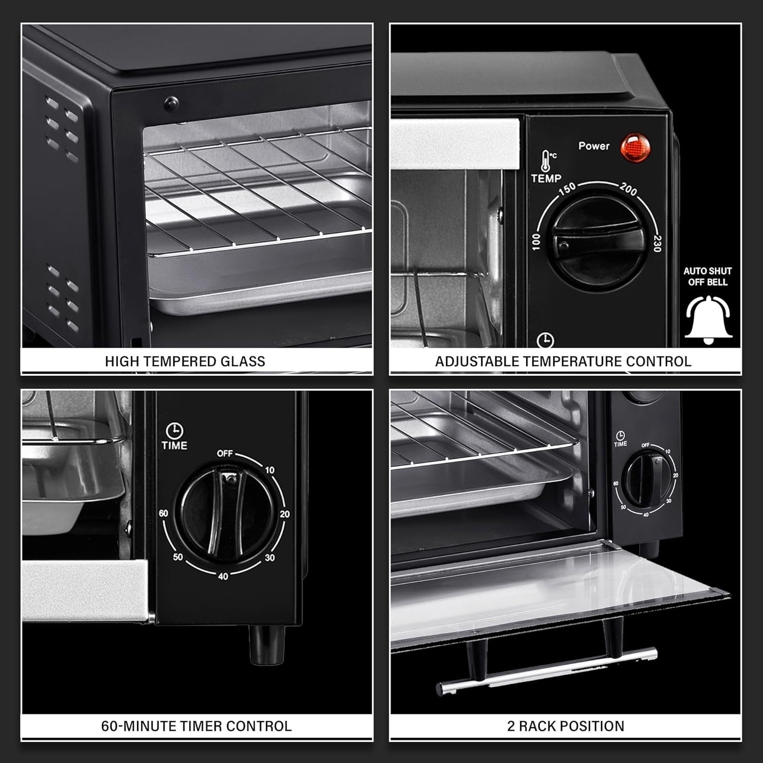 9L Mini Toaster Oven Portable Baking Grill 750W Adjustable Temp Timer