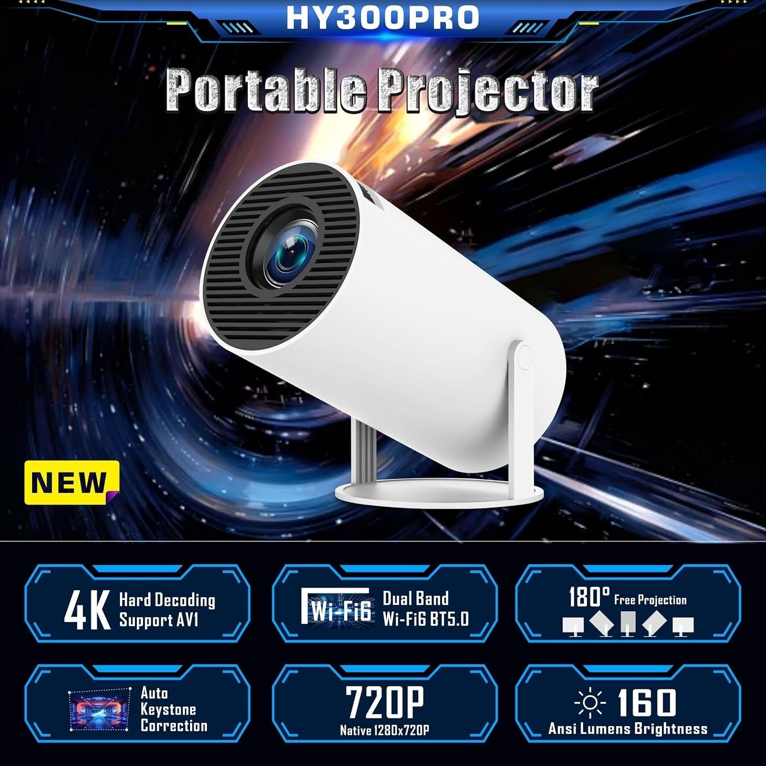 Mini Smart Projector 4K Android WiFi 6 Bluetooth 180° 130”