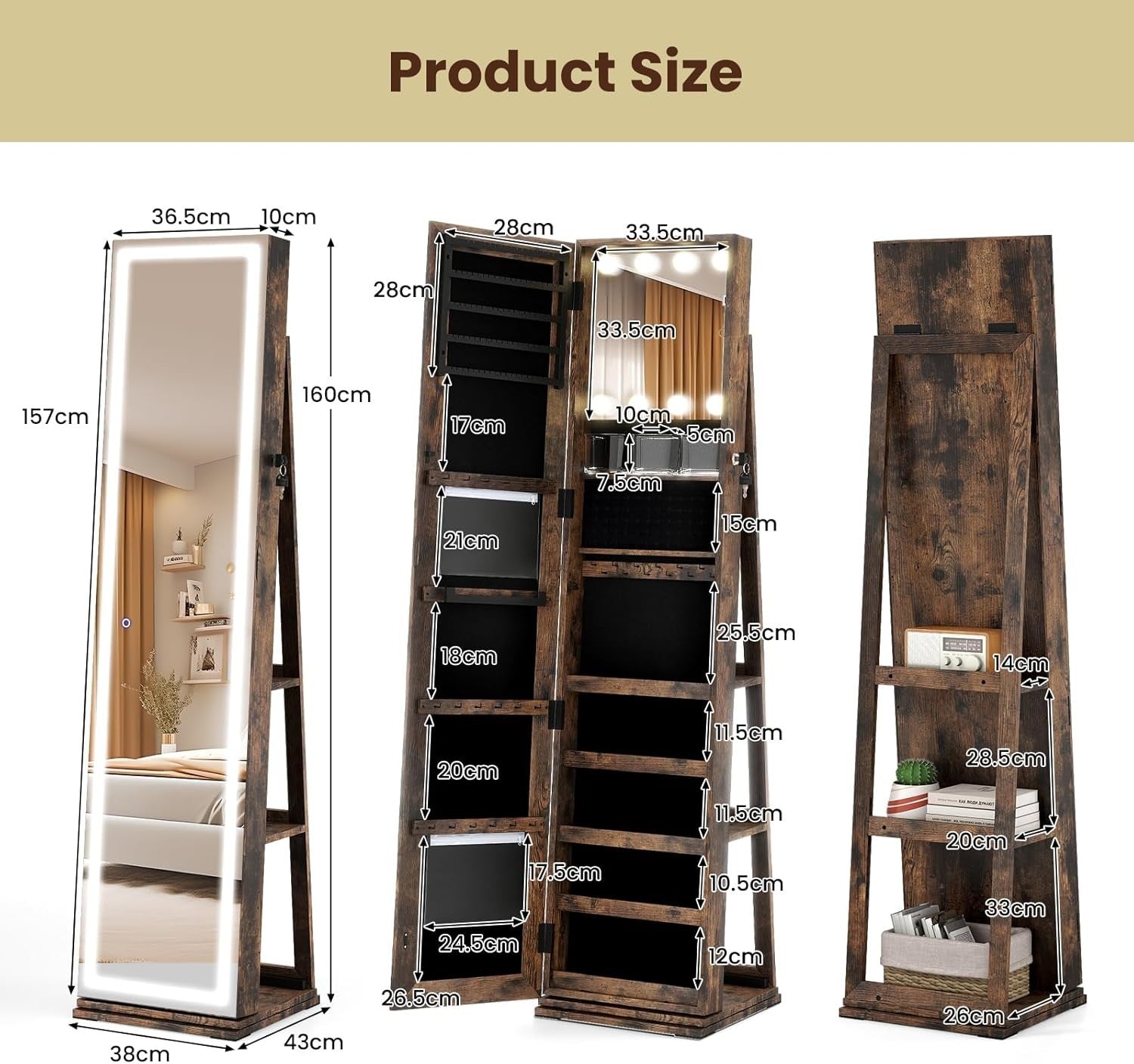 Rotating Jewelry Cabinet LED Mirror Lockable Freestanding Makeup Organizer