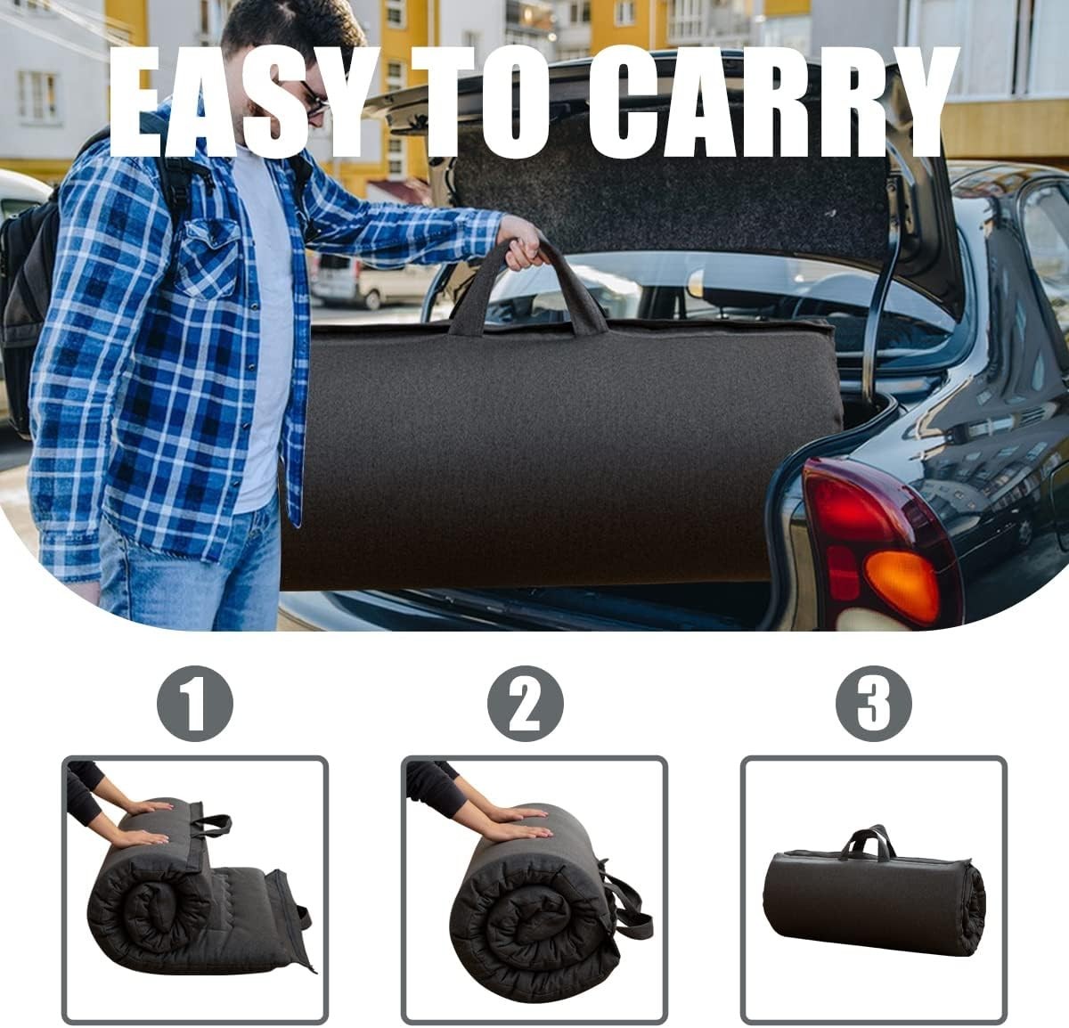 Foldable Futon Bed Roll Mat Zipper Handle Foam Pad Grey Travel Mattress