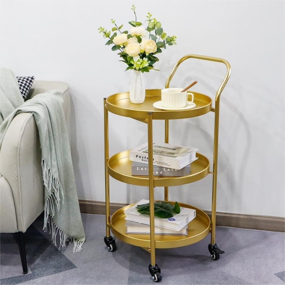 3 Tier Gold Rolling Bar Cart Metal Serving Trolley with Wheels Lockable