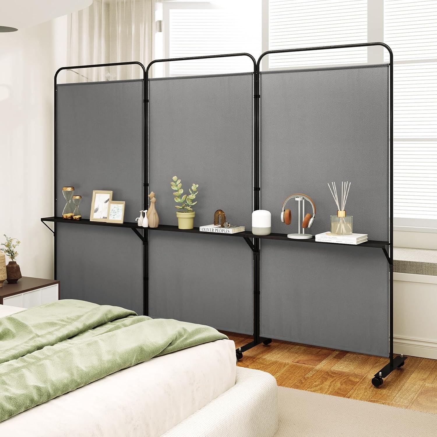3 Panel Grey Folding Room Divider with Shelves & Wheels Privacy Screen 188cm