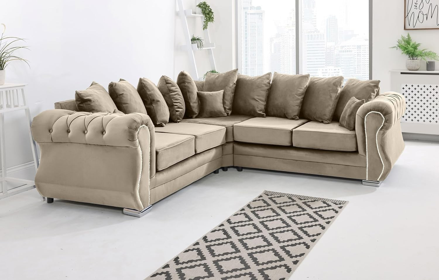 Cream Plush Velvet 5 Seater Corner Sofa with Foam Cushions & Button Tufted