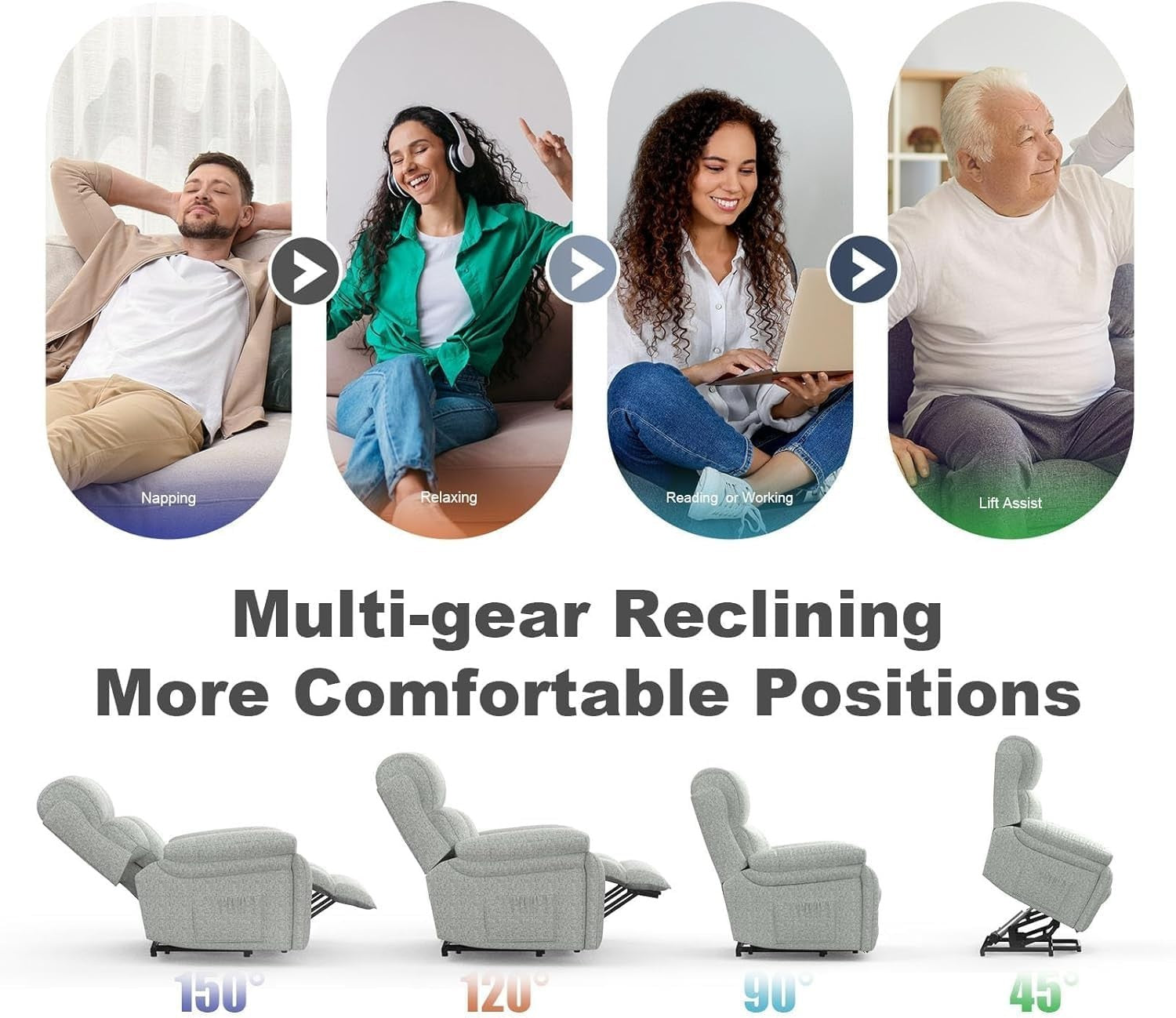Oversize Lift Recliner Chair Massage Heat USB-C Footrest w/ Pockets Light Grey