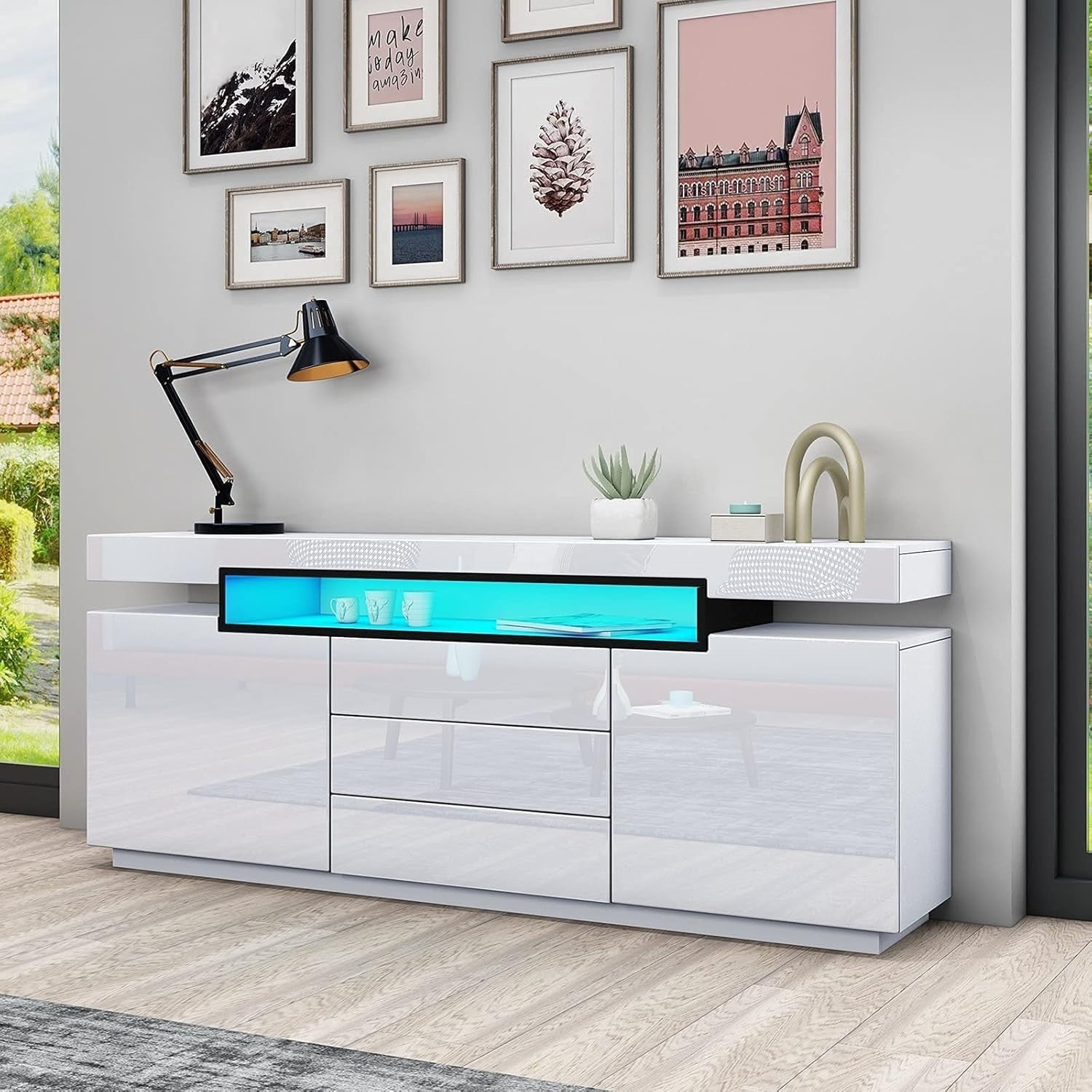 White High Gloss Sideboard Cabinet TV Stand with LED Light 2 Doors 3 Drawers