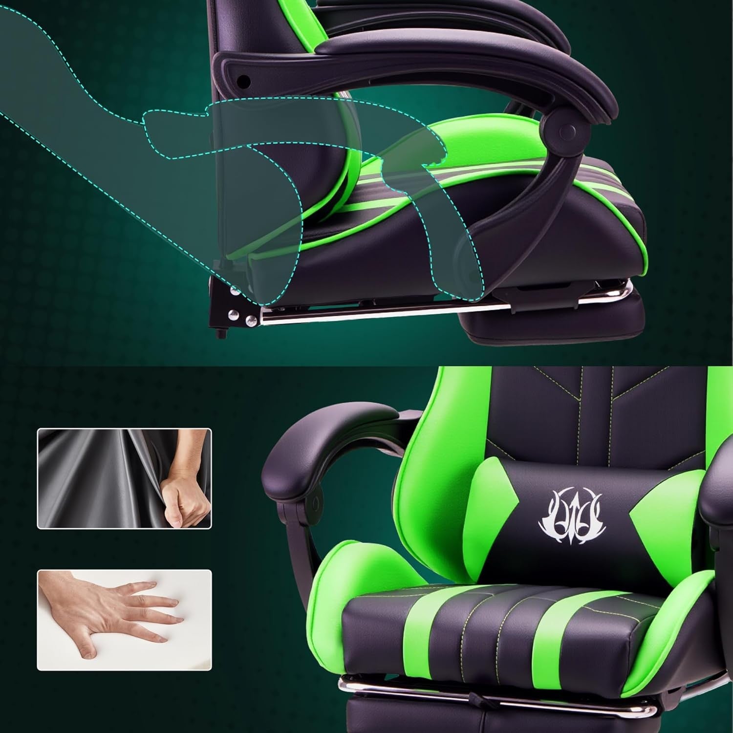 Ergonomic Gaming Chair with Footrest & Lumbar Support – Green PC Seat