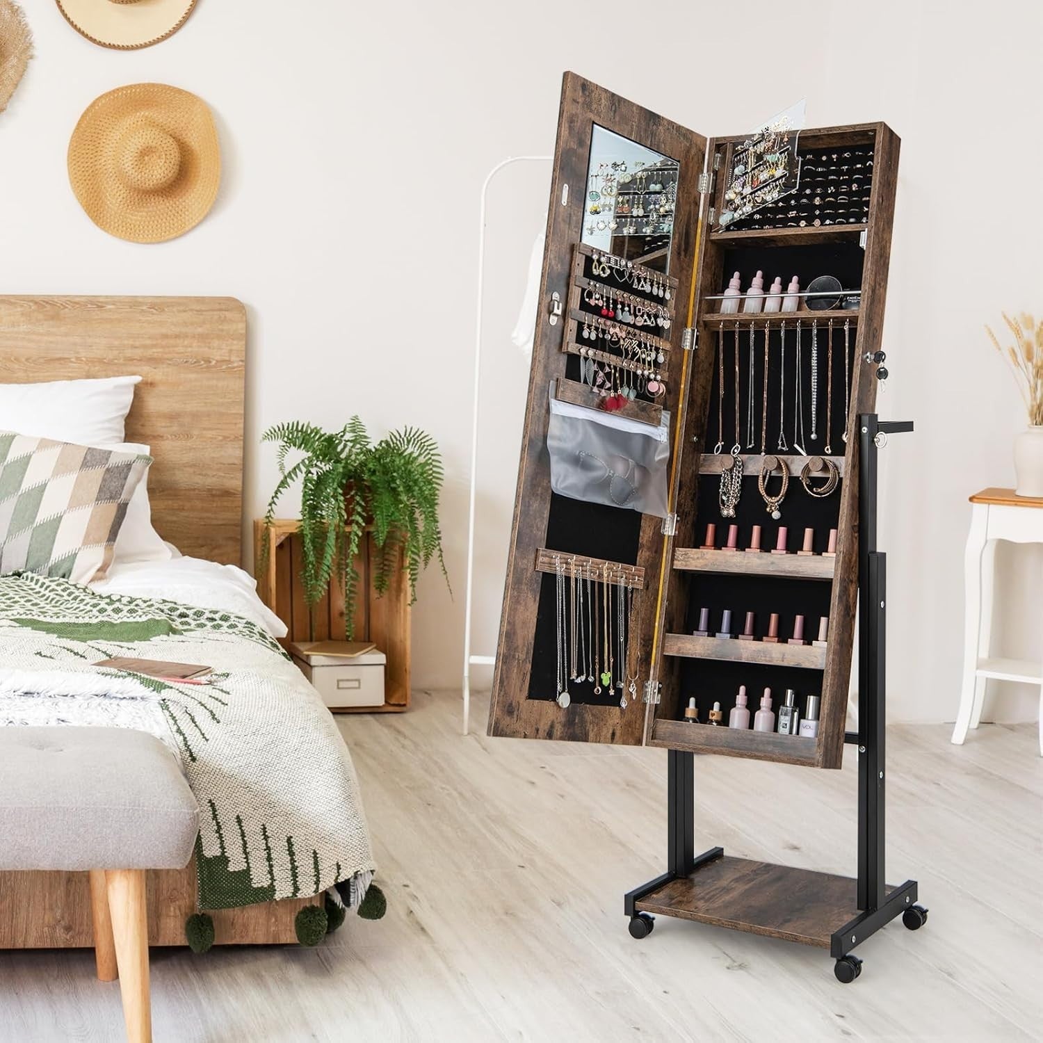 Rustic Brown LED Jewellery Cabinet Lockable Full Length Mirror Mobile