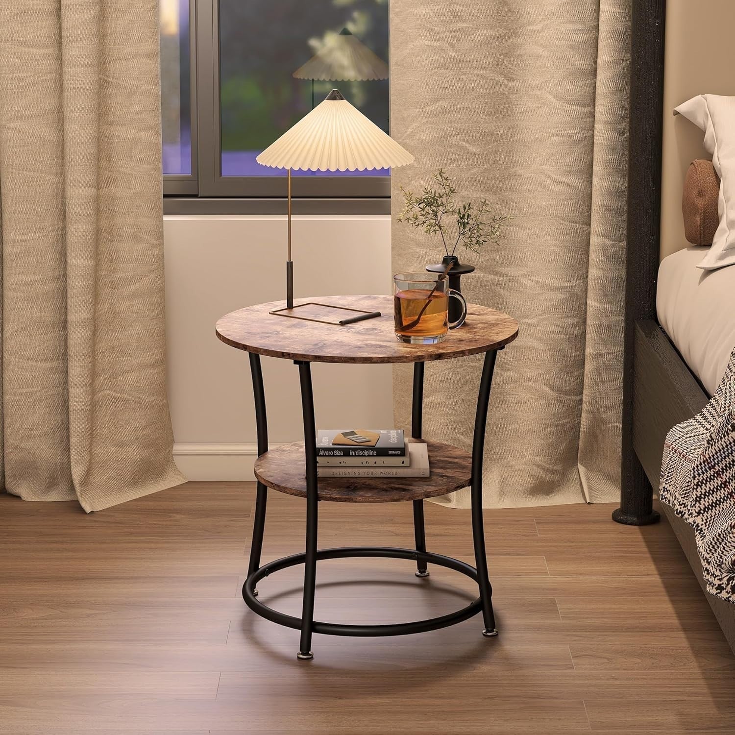Round 2-Tier Rustic Brown Side Table, 55cm Coffee Table with Storage Shelf