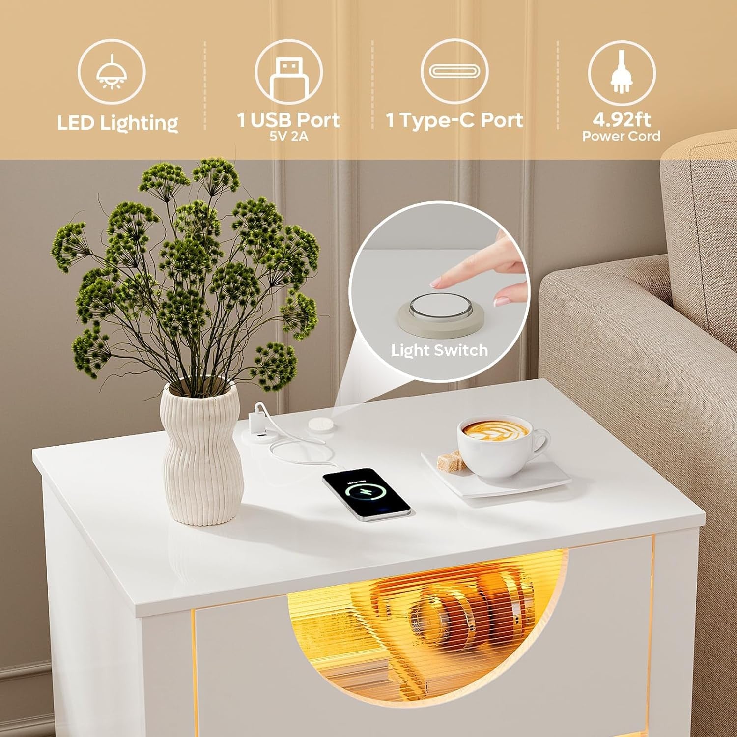 LED Bedside Tables Set of 2 with USB Ports, Drawer Storage & Warm Ambient Light