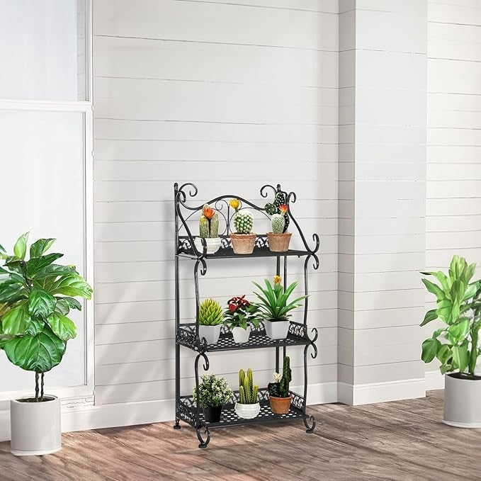 3 Tier Metal Plant Stand Black Foldable Iron Flower Pot Shelf Indoor Outdoor