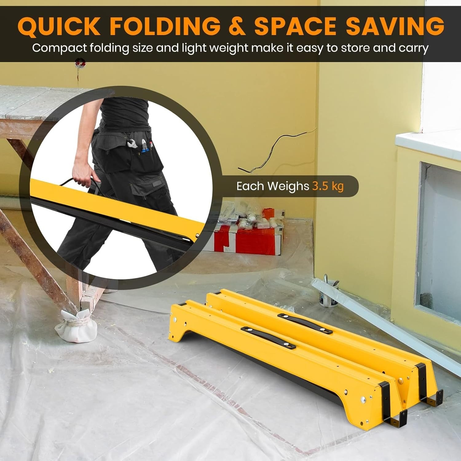 Folding Sawhorse Twin Pack Heavy Duty 454kg 2x4 Support Arms Yellow 92x48