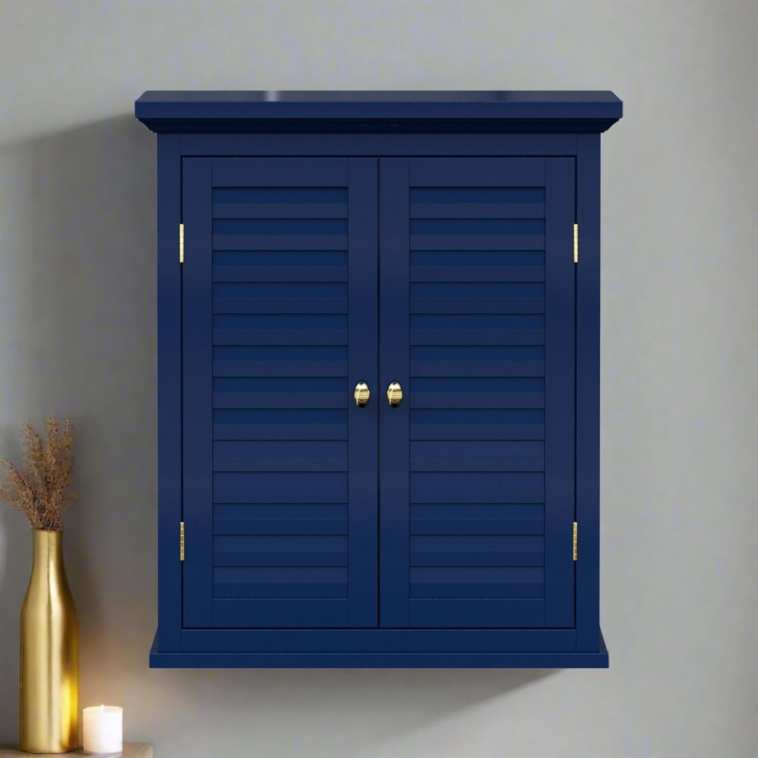 Farmhouse Wall Cabinet Navy Two-Door Storage with Adjustable Shelf 51x18x61cm