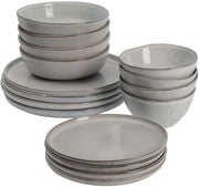 16pc Stoneware Dinner Set Grey Reactive Glaze Plates Bowls Microwave Safe