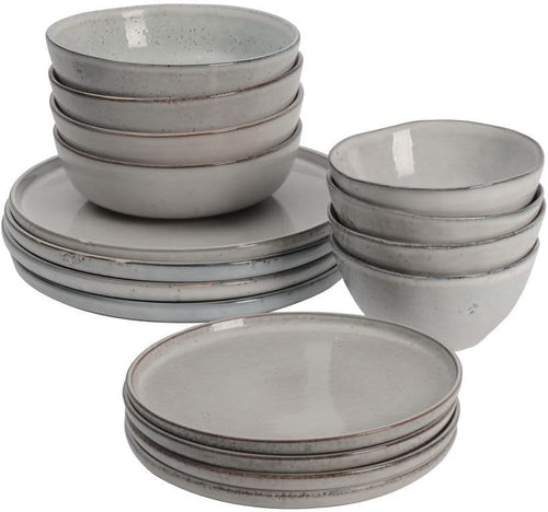 16pc Stoneware Dinner Set Grey Reactive Glaze Plates Bowls Microwave Safe